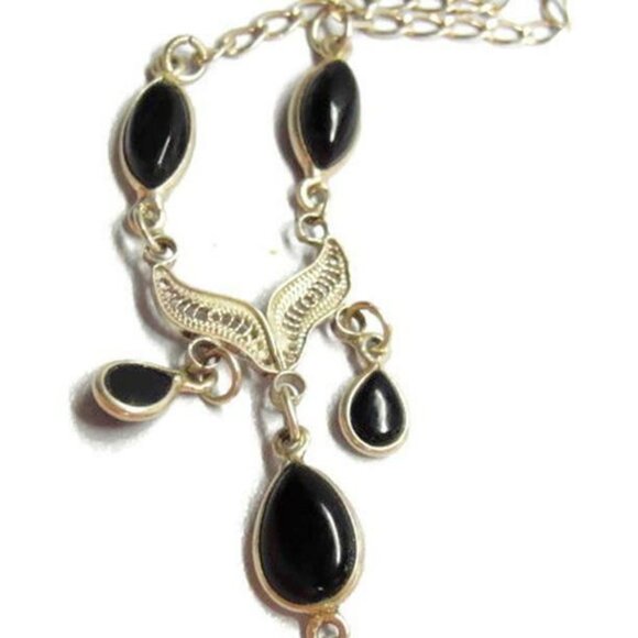 17" Necklace Filigree Black Onyx Teardrop Dangle Chain Vtg Sterling Silver 925 - Picture 7 of 9